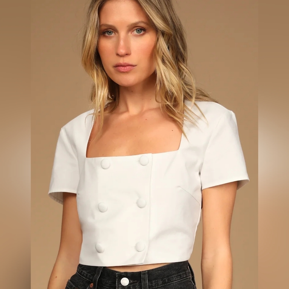 Lulus White Executive Aura Ivory Cropped Short Sleeve Jacket Size Small